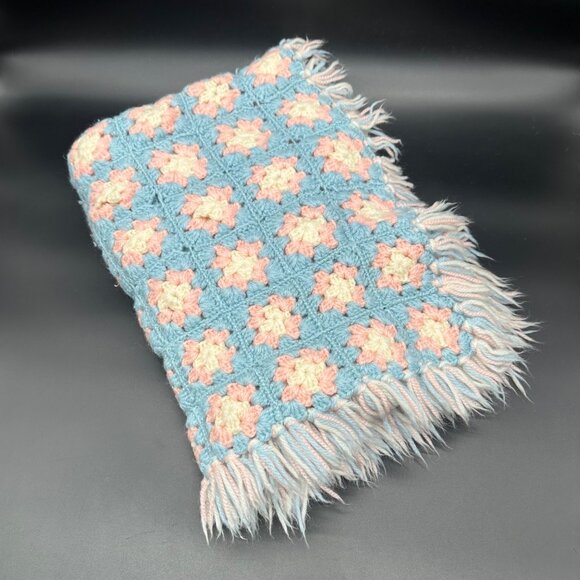 Vintage Crochet Afghan Blanket Throw Pink Blue Fringe Granny Square Handmade - Picture 1 of 8